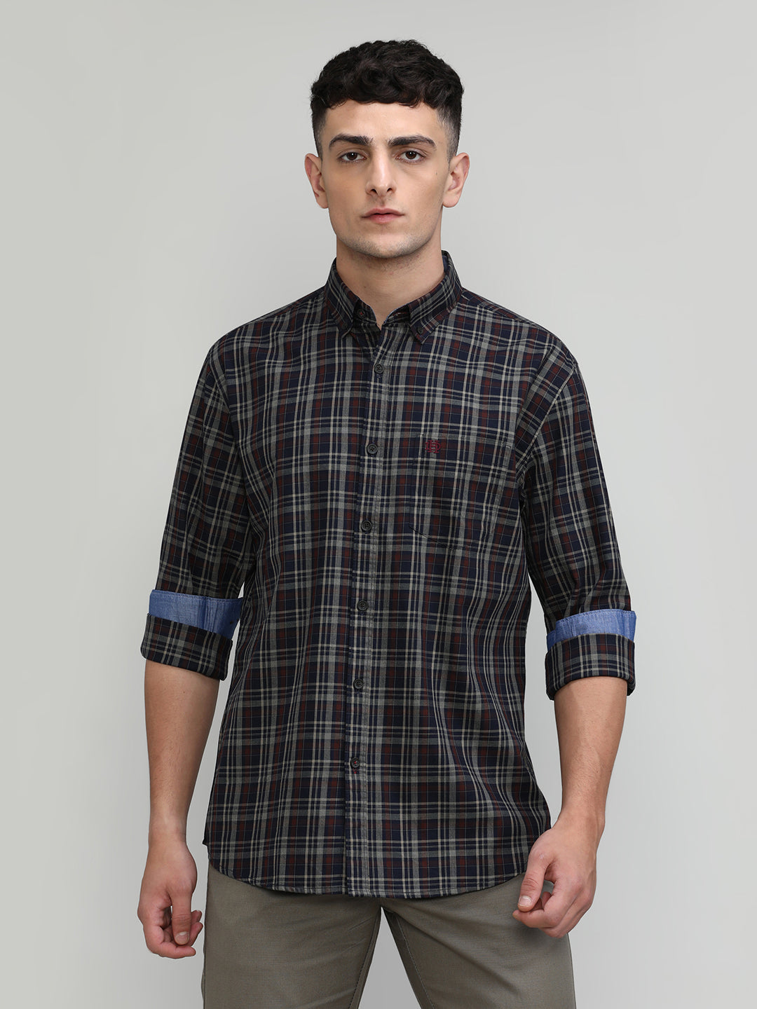 Navy Slim Fit Premuim Cotton Checks Shirt With Regular Pocket-SS25