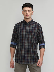 Navy Slim Fit Premuim Cotton Checks Shirt With Regular Pocket-SS25