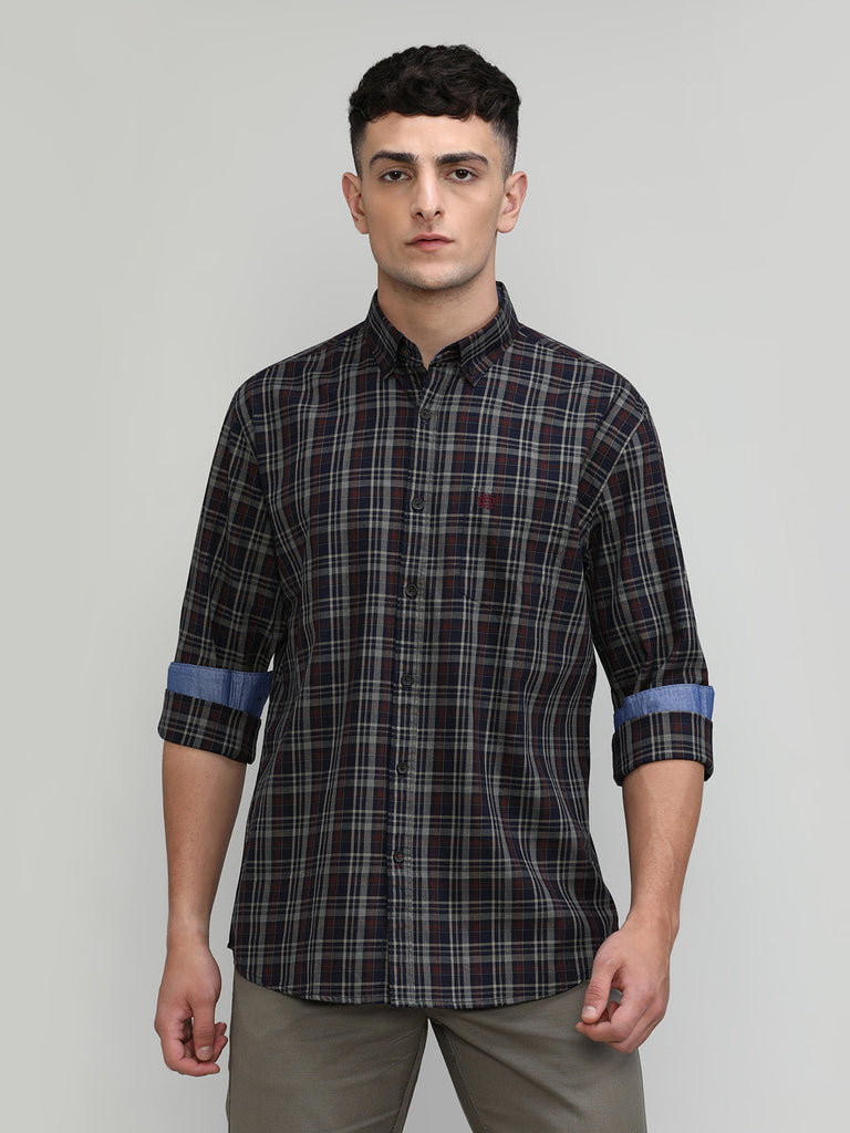 Navy Slim Fit Premuim Cotton Checks Shirt With Regular Pocket