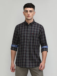 Navy Slim Fit Premuim Cotton Checks Shirt With Regular Pocket
