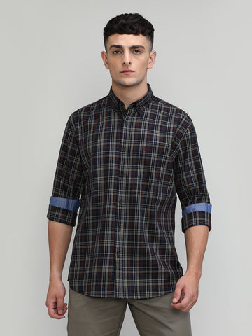 Navy Slim Fit Premuim Cotton Checks Shirt With Regular Pocket