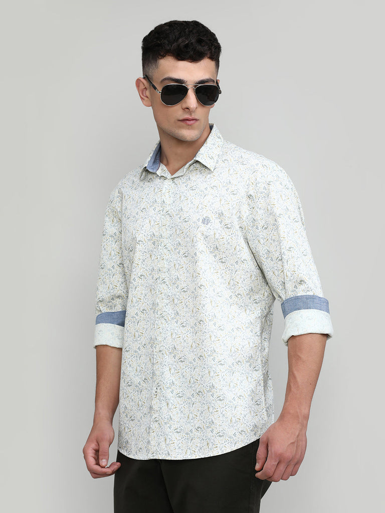 Beige Slim Fit Premium Cotton Printed Shirt