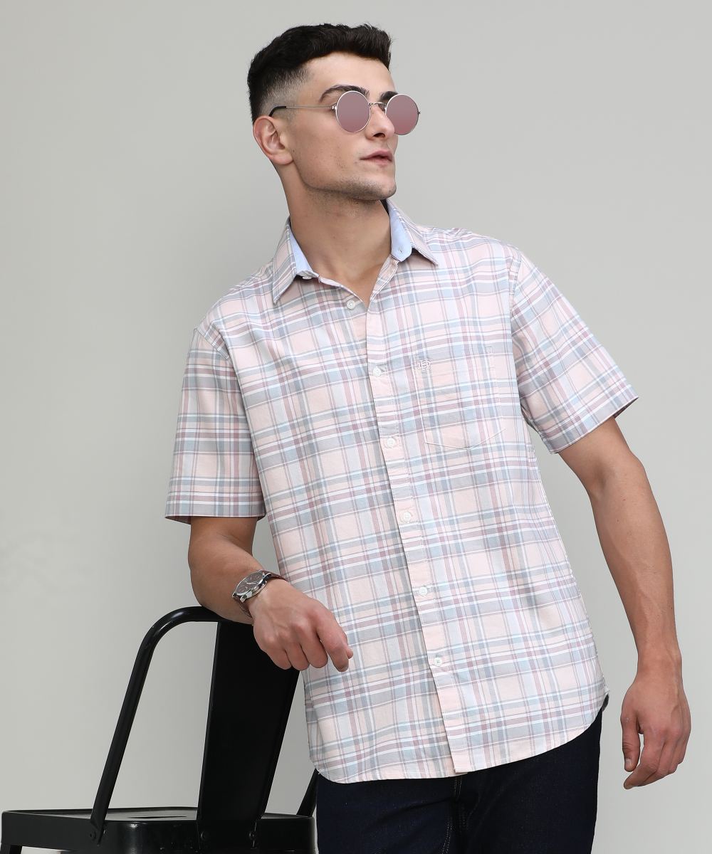 Peach Slim Fit Premuim Cotton Checks Shirt With Pocket-SS25