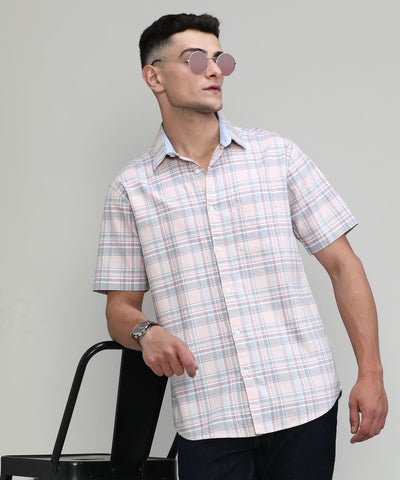 Peach Slim Fit Premuim Cotton Checks Shirt With Pocket