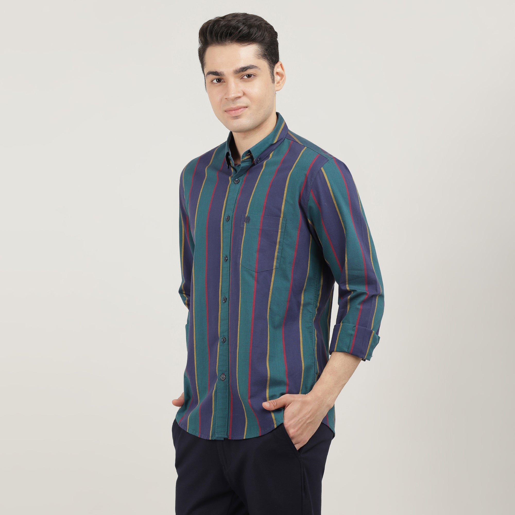 BOTTLE GREEN, FULL SLEEVES SHIRT, STRIPS-AW24
