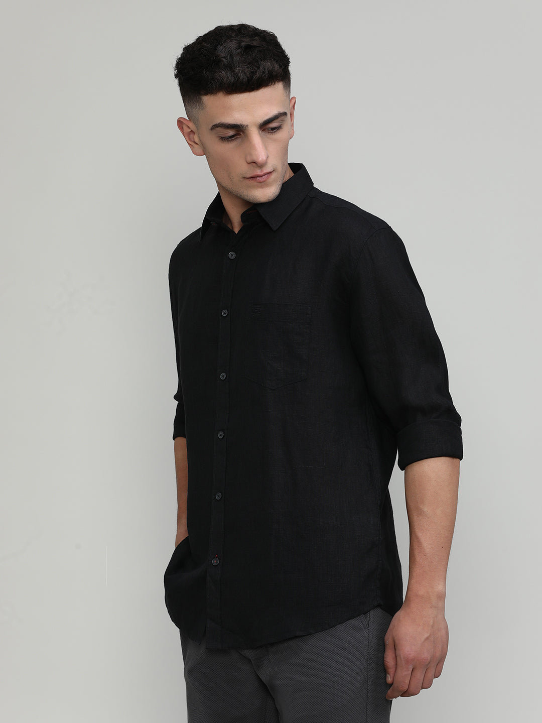 Black Slim Fit Premium Linen Solid Shirt-SS25