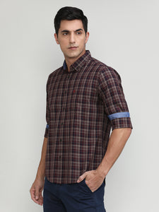 Maroon Slim Fit Premuim Cotton Checks Shirt With Button Down Collar & Pocket