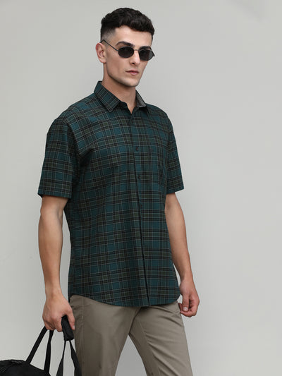 Bottle Green Slim Fit Premuim Cotton Checks Shirt With Pocket-SS25