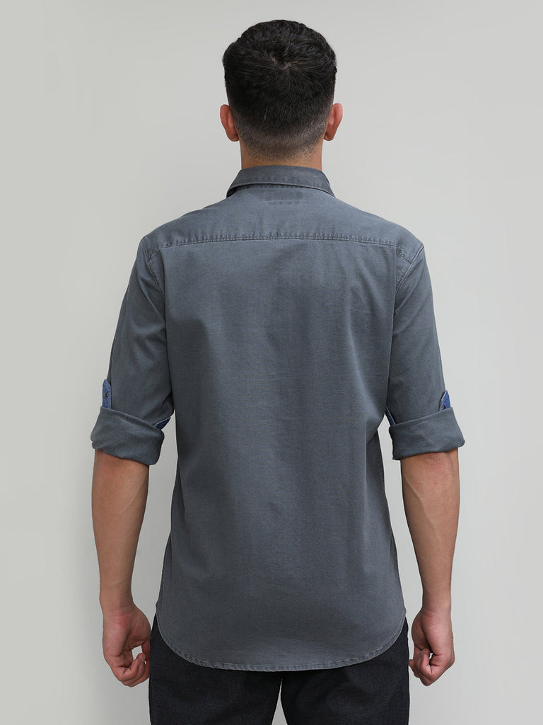 Cement Slim Fit Premium Cotton Lycra Solid Shirt With Pocket