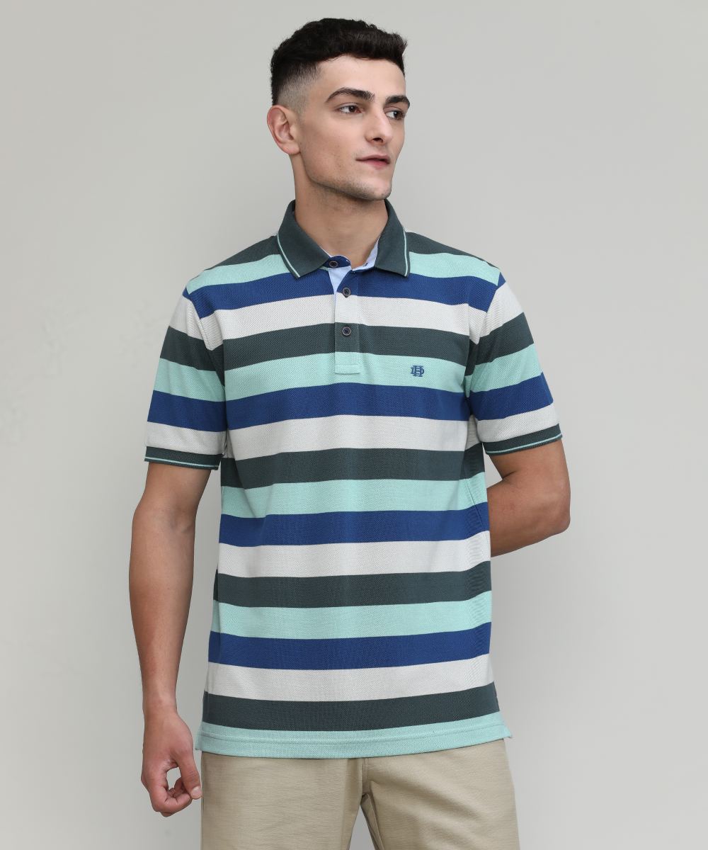 Fern Pique Cotton Lycra Stripes Polo T-shirt