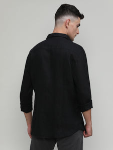 Black Slim Fit Premium Linen Solid Shirt-SS25