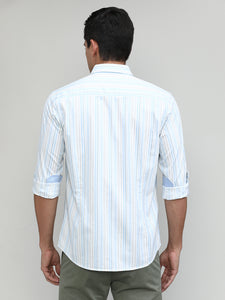 Fern Green Slim Fit Premuim Cotton Stripes Shirt With Bone Collar