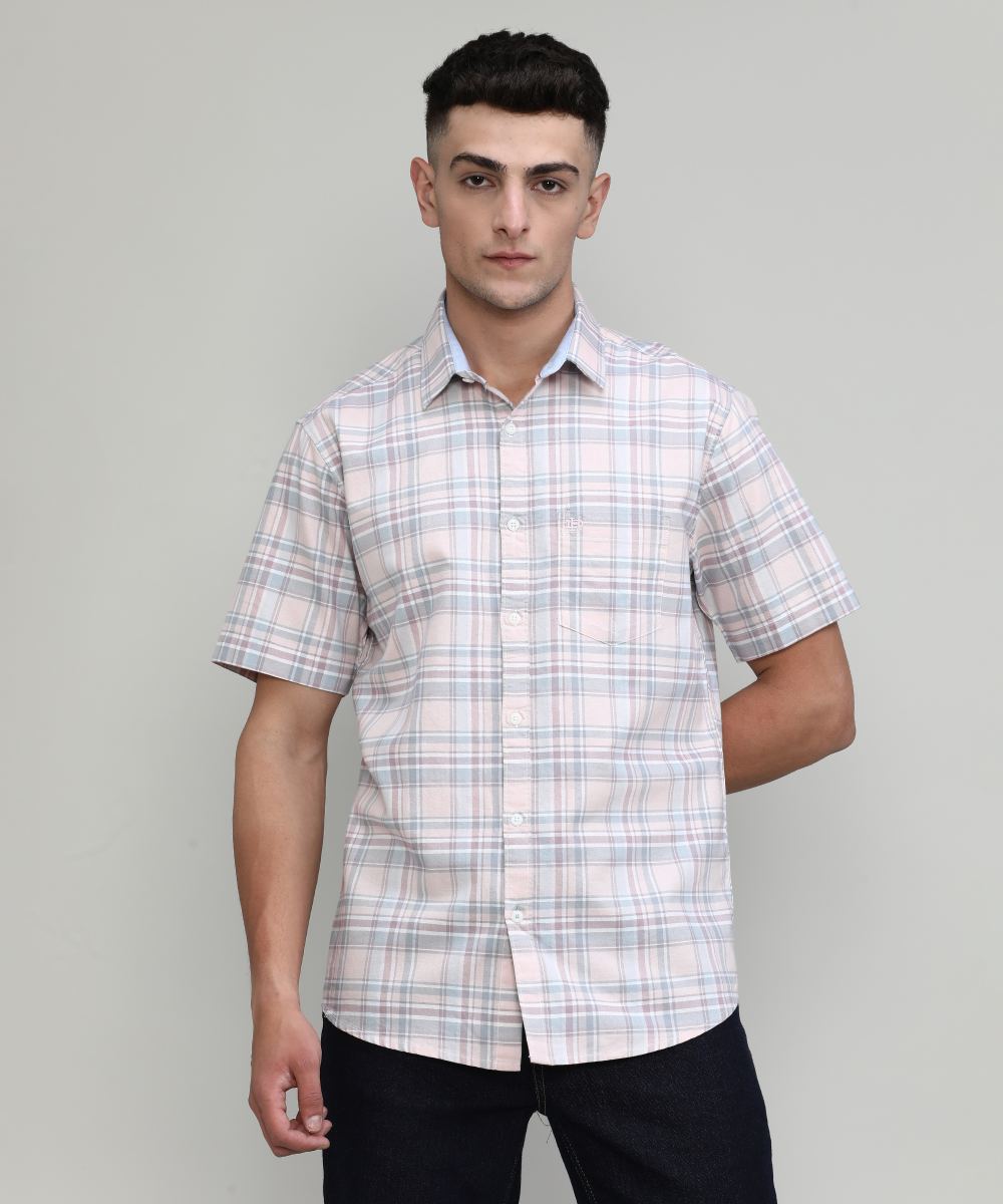 Peach Slim Fit Premuim Cotton Checks Shirt With Pocket-SS25