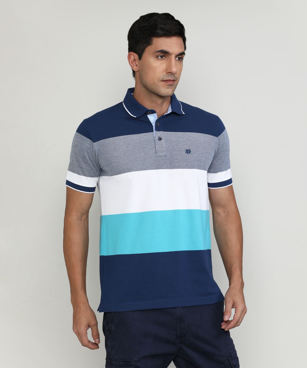 Marine Pique Cotton Lycra Stripes Polo T-shirt