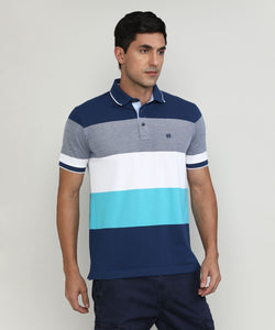 Marine Pique Cotton Lycra Stripes Polo T-shirt