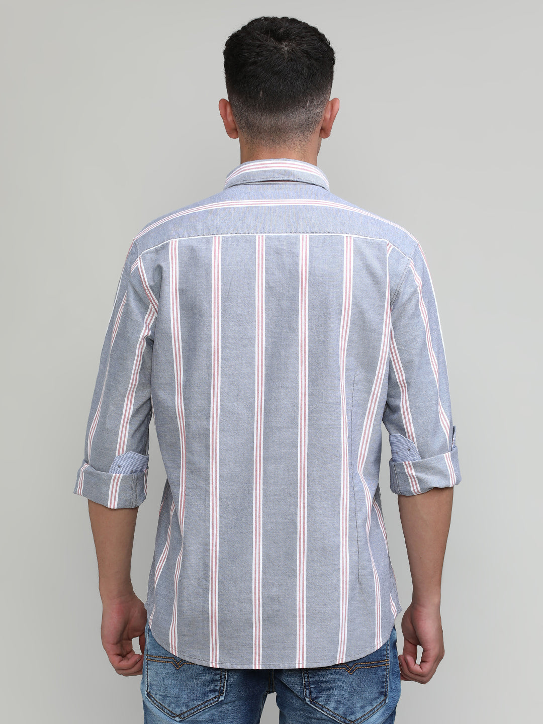 Grey Slim Fit Premium Cotton Lycra Stripe Shirt With Pocket-SS25