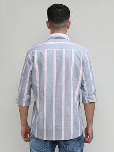 Grey Slim Fit Premium Cotton Lycra Stripe Shirt With Pocket-SS25