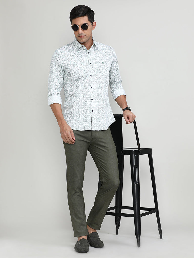 Green Slim Fit Premium Cotton Printed Shirt