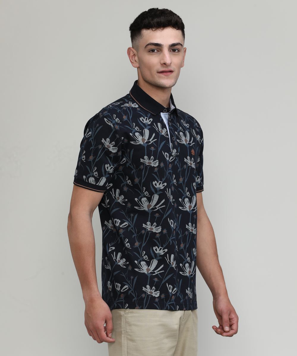 Navy Pique Cotton Lycra Printed Polo T-shirt