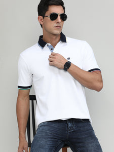 White Pique Cotton Lycra Solid Polo T-shirt