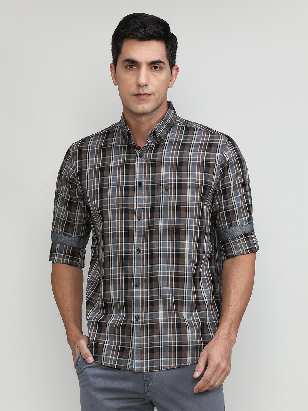 Wood Slim Fit Premuim Cotton Checks Shirt With Button Down Collar & Pocket