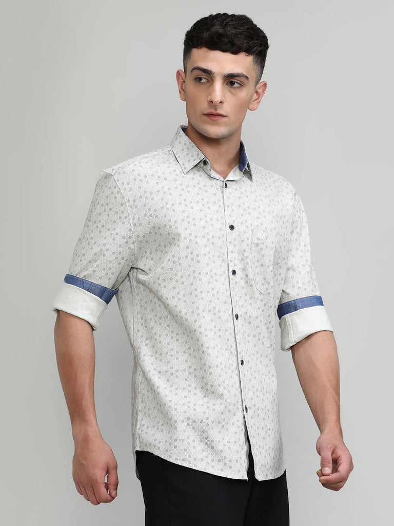 Beige Slim Fit Premium Cotton Printed Shirt With Pocket