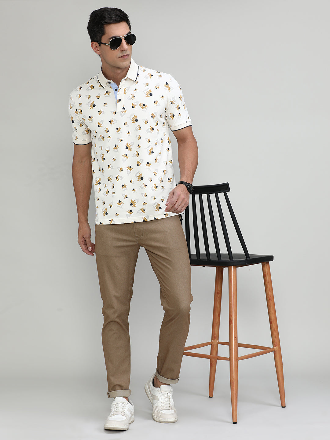 Butter Cream Pique Cotton Lycra Printed Polo T-shirt
