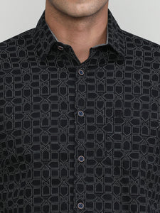 Black Slim Fit Premuim Cotton Printed Shirt With Regular Collar & Pocket