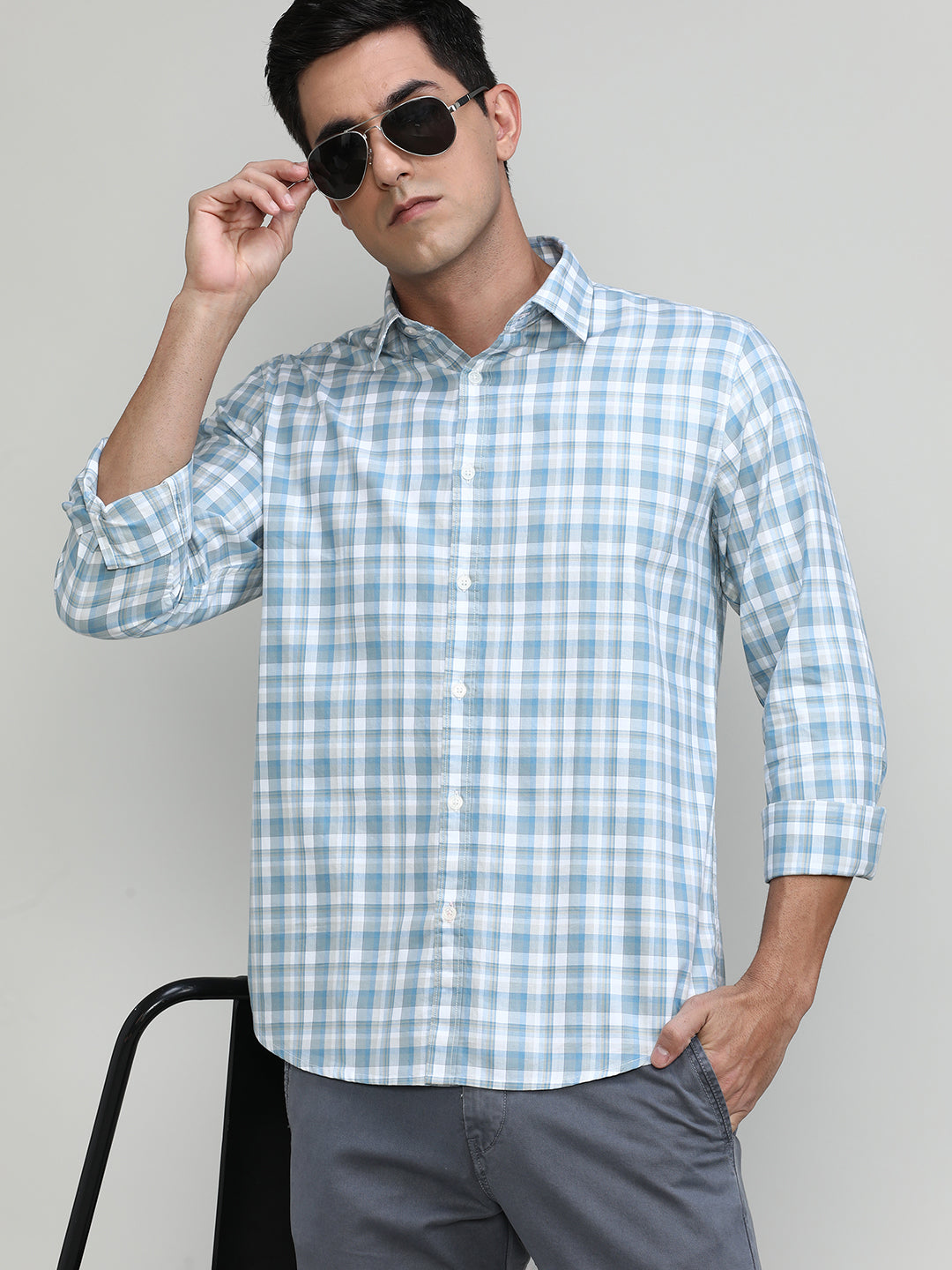 Exclusive Purple Collection Water Blue Slim Fit Premuim Cotton Checks Shirt