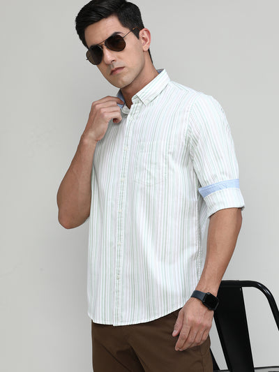 Sky Slim Fit Premuim Cotton Stripes Shirt With Bone Collar
