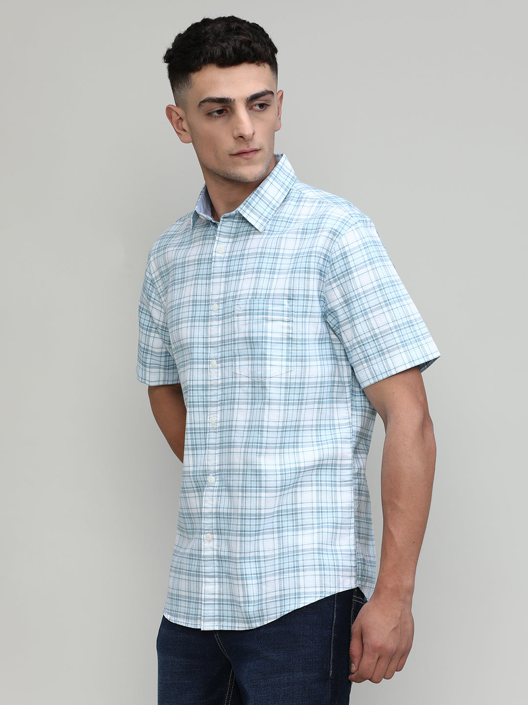Sky Slim Fit Premuim Cotton Checks Shirt With Pocket-SS25