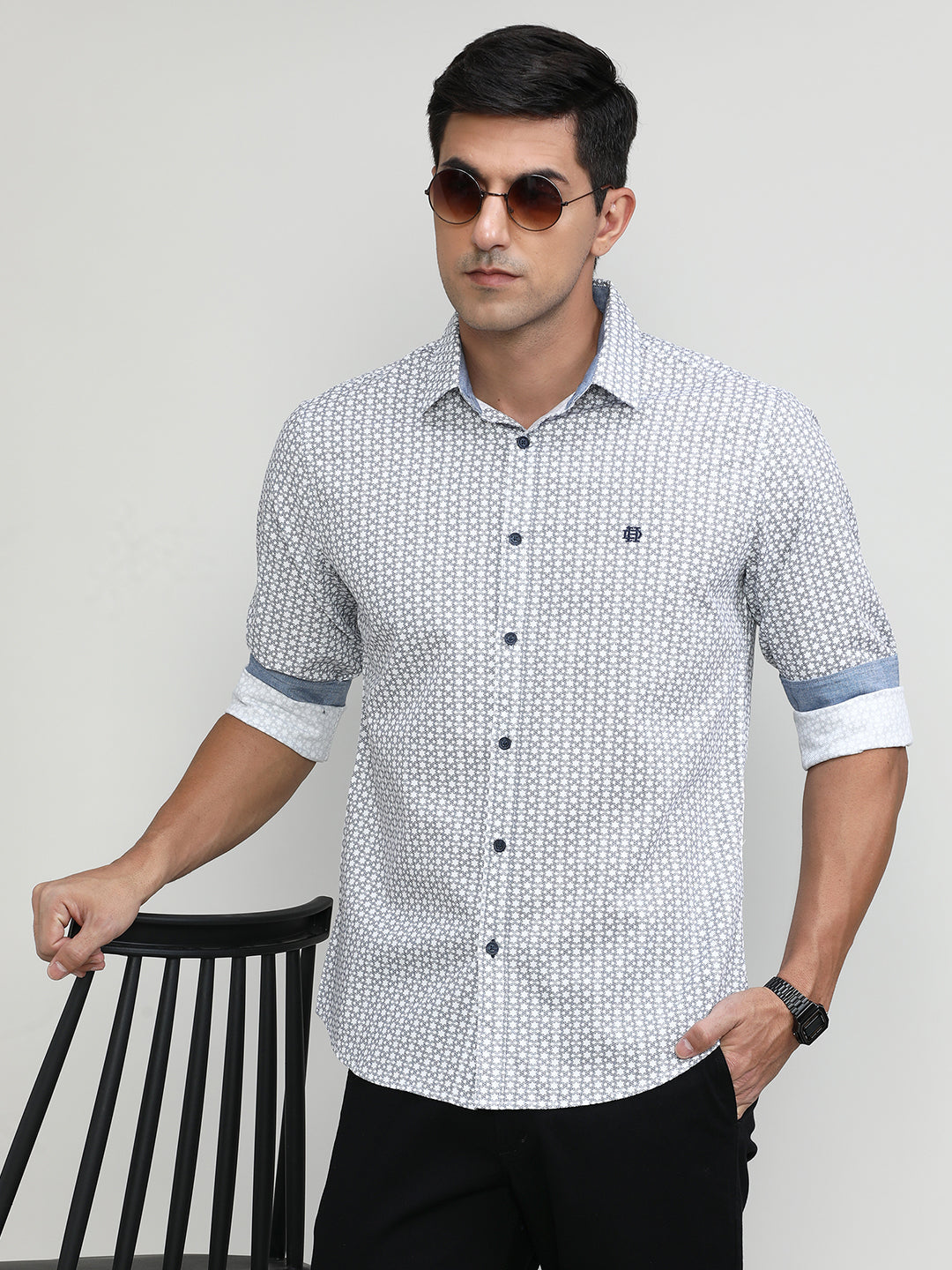 White Slim Fit Premium Cotton Printed Shirt