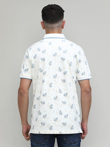 White Sand Pique Cotton Lycra Printed Polo T-shirt
