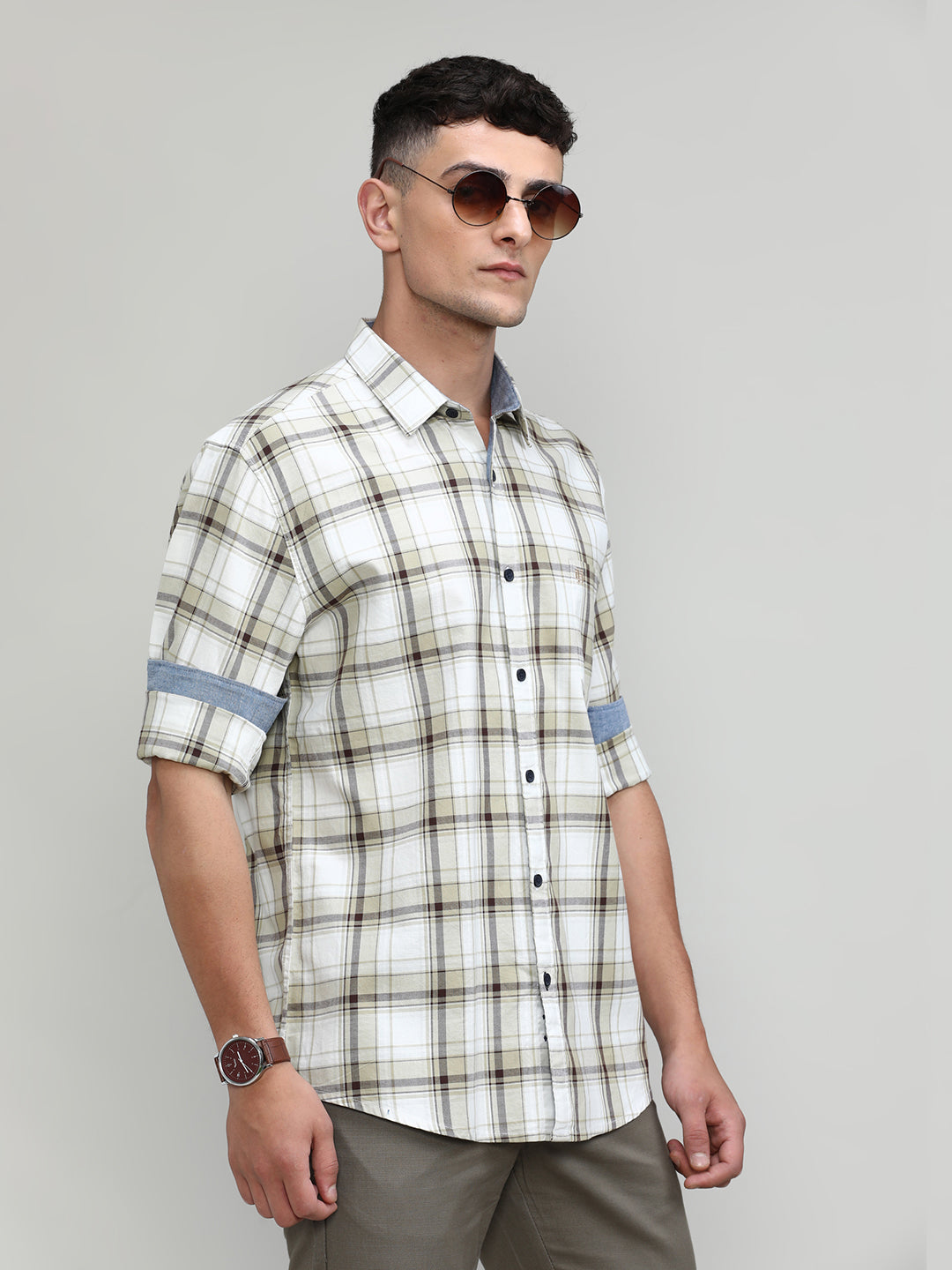 Fawn Shade Slim Fit Premuim Cotton Checks Shirt With Regular Pocket