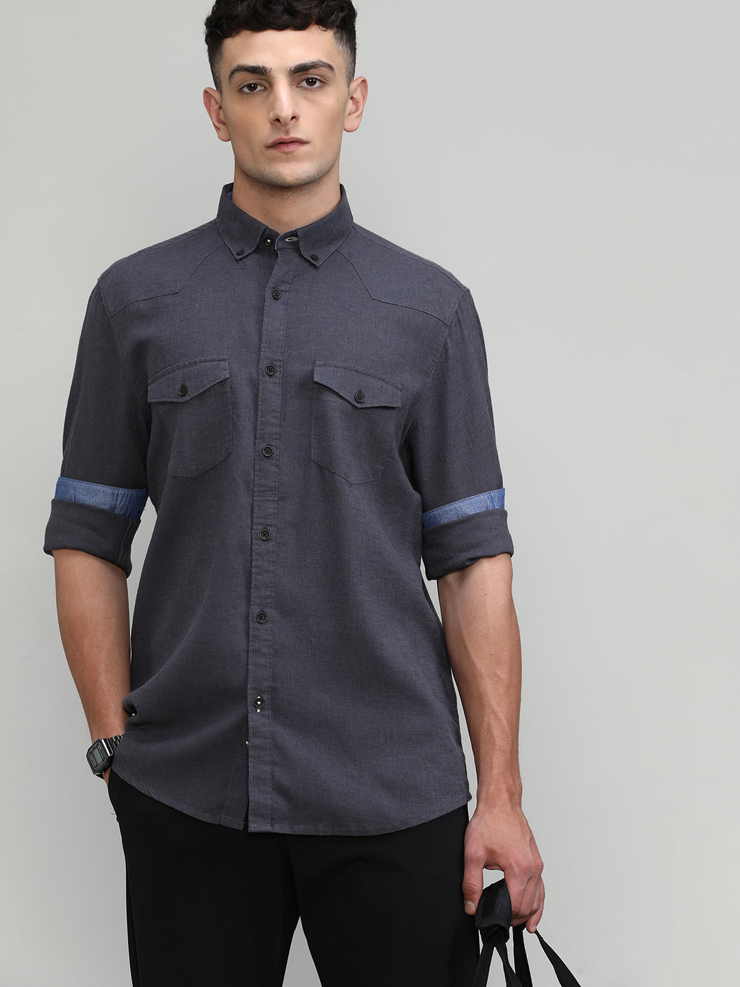 Elephant Slim Fit Premium Cotton Lycra Solid Shirt With Pocket