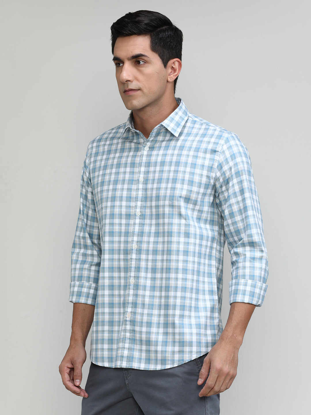 Exclusive Purple Collection Water Blue Slim Fit Premuim Cotton Checks Shirt