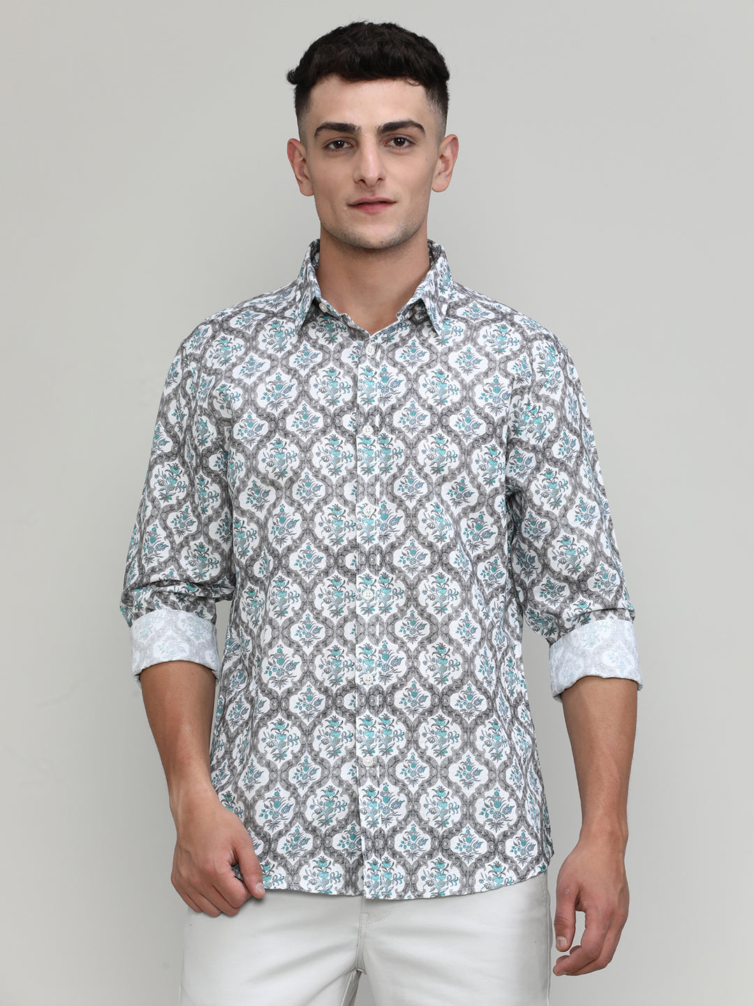 Exclusive Purple Collection Beige Slim Fit Printed Premium Cotton Linen Shirt