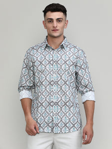 Exclusive Purple Collection Beige Slim Fit Printed Premium Cotton Linen Shirt