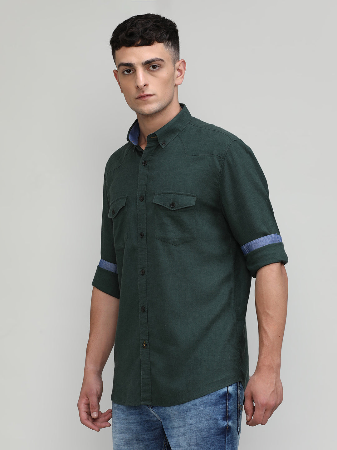 Leaf Shade Slim Fit Premuim Cotton Lycra Solid Shirt With Pocket-SS25