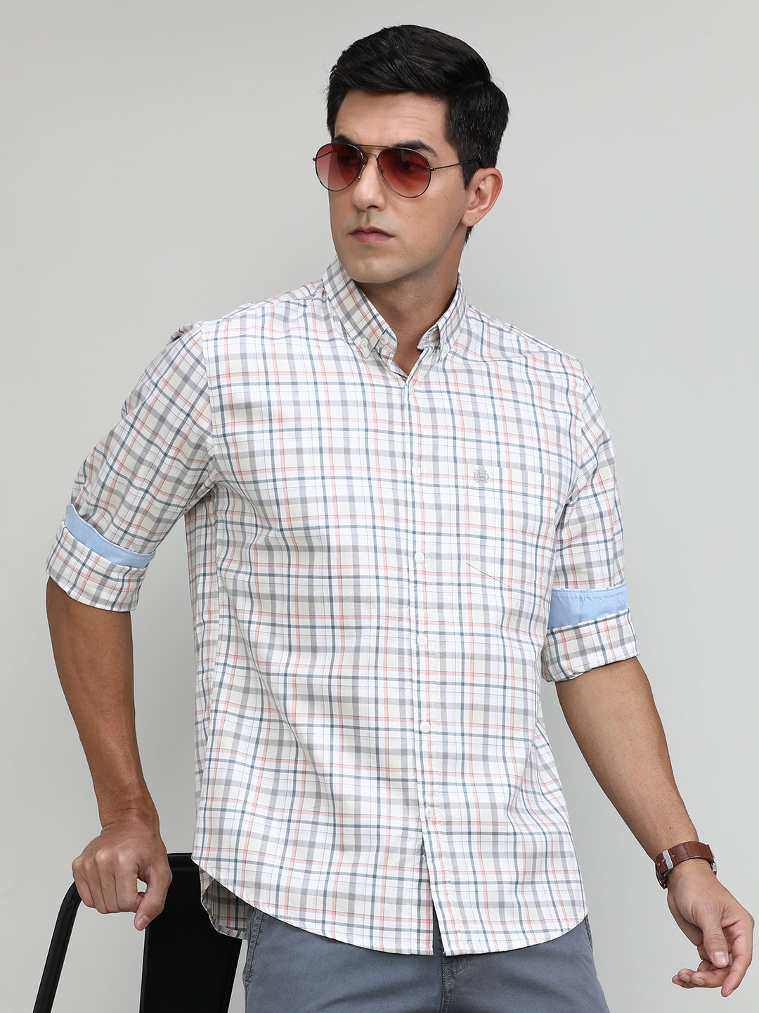 Peach Slim Fit Premuim Cotton Checks Shirt With Bone Collar & Pocket