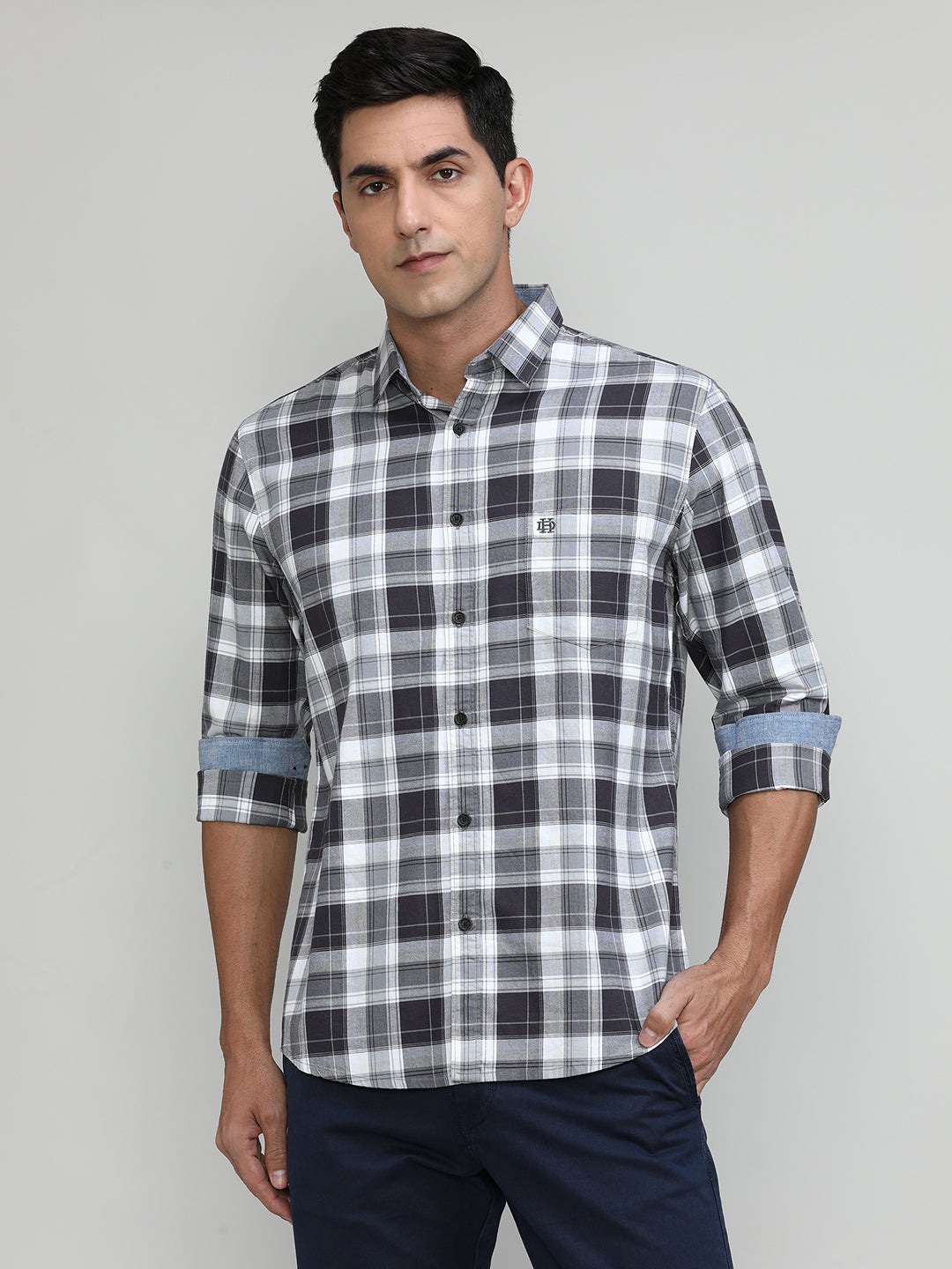 Charcoal Slim Fit Premuim Cotton Checks Shirt With Bone Collar & Pocket