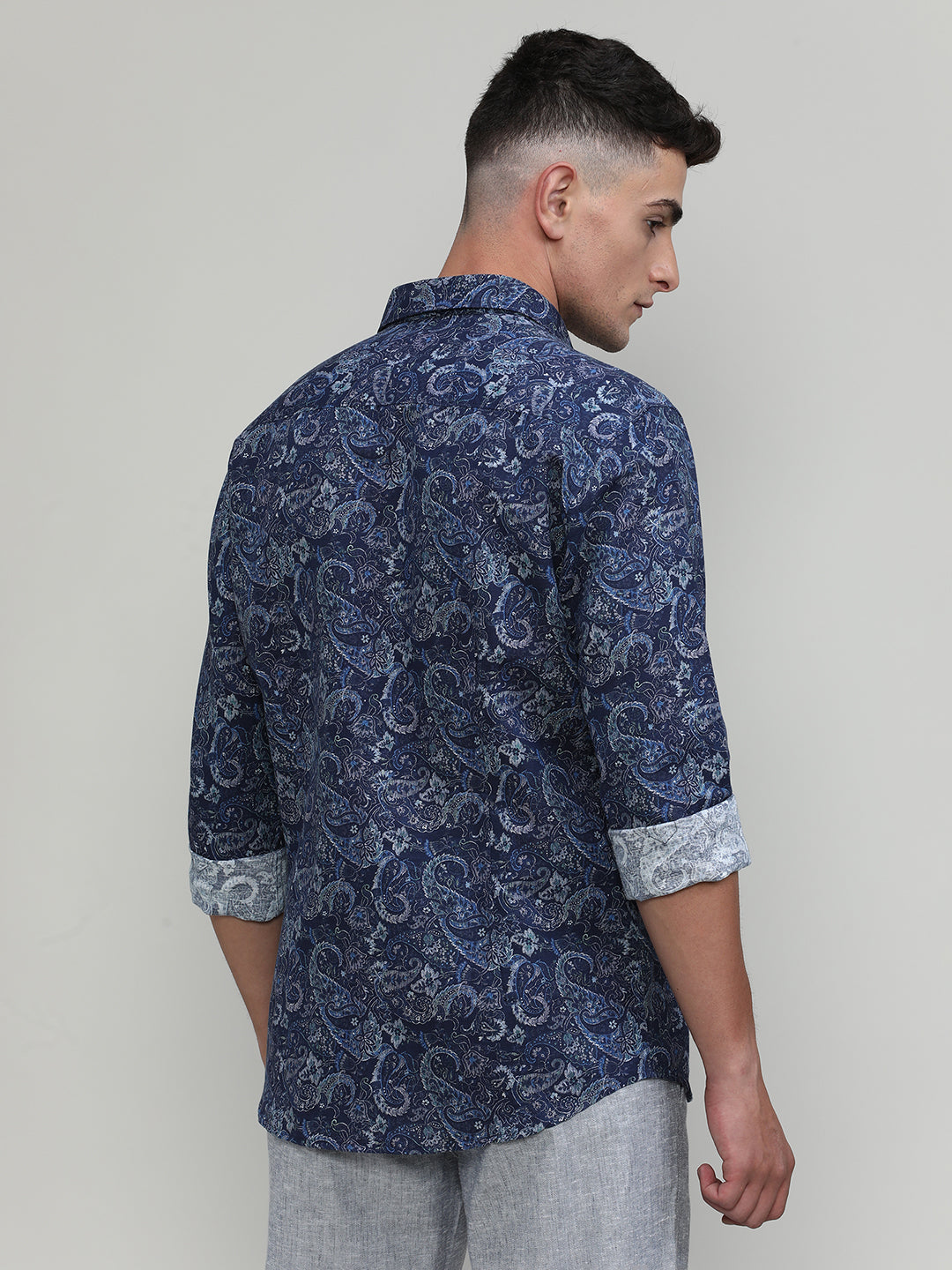 Exclusive Purple Collection Royal Blue Slim Fit Printed Premium Cotton Linen Shirt