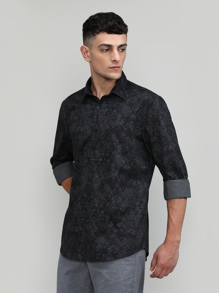 Black Slim Fit Premium Cotton Printed Shirt