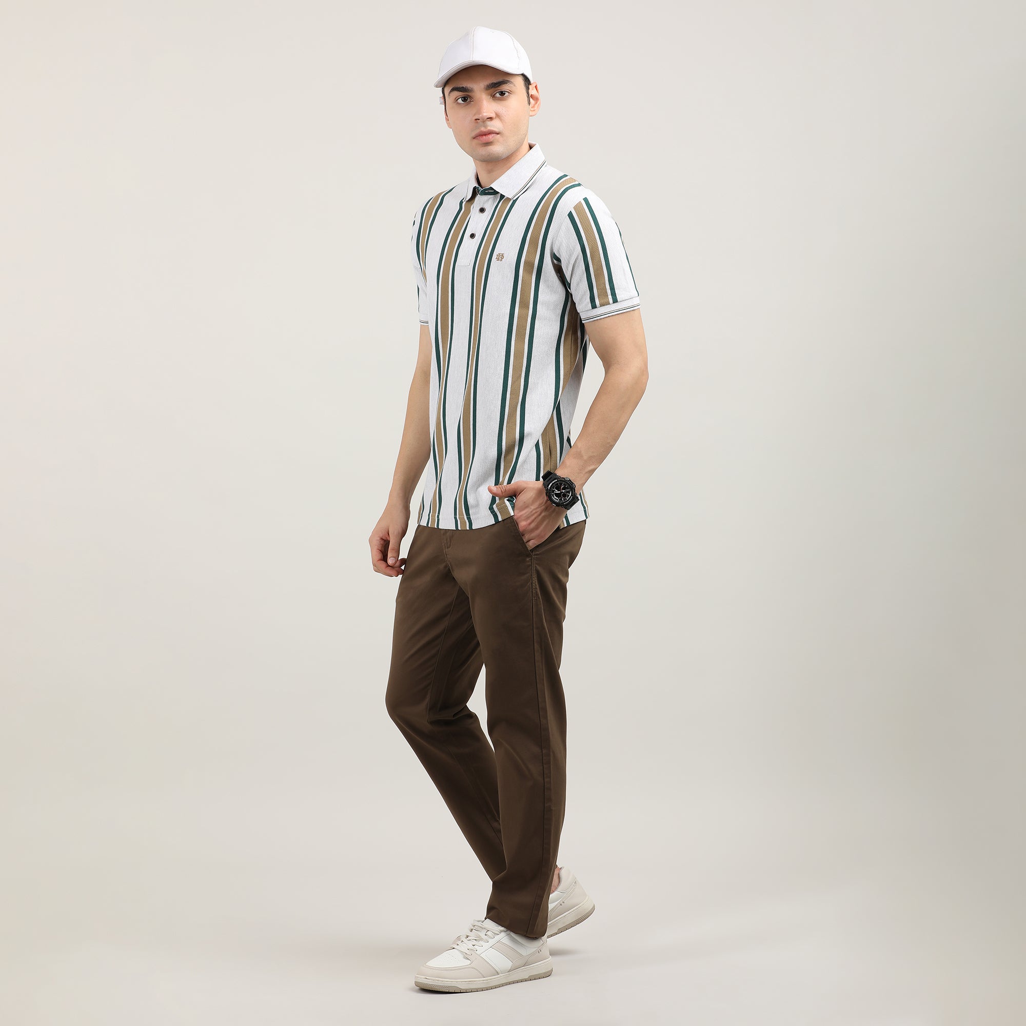 Vanilla Pique Lycra Vertical Stripes Polo T-shirt With Contrast Collar