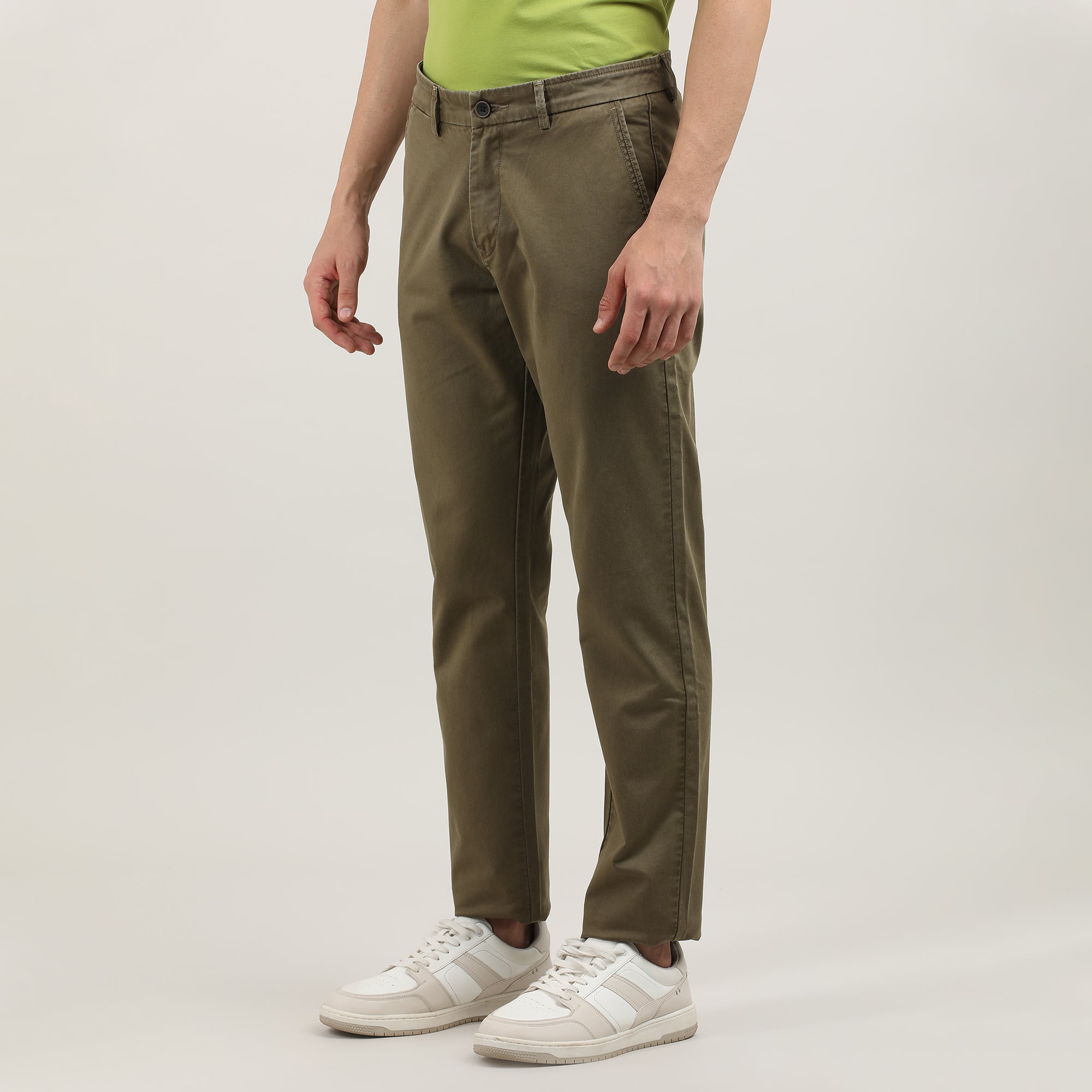 Wood-Washed Cotton Trousers-Slim Tapered Fit