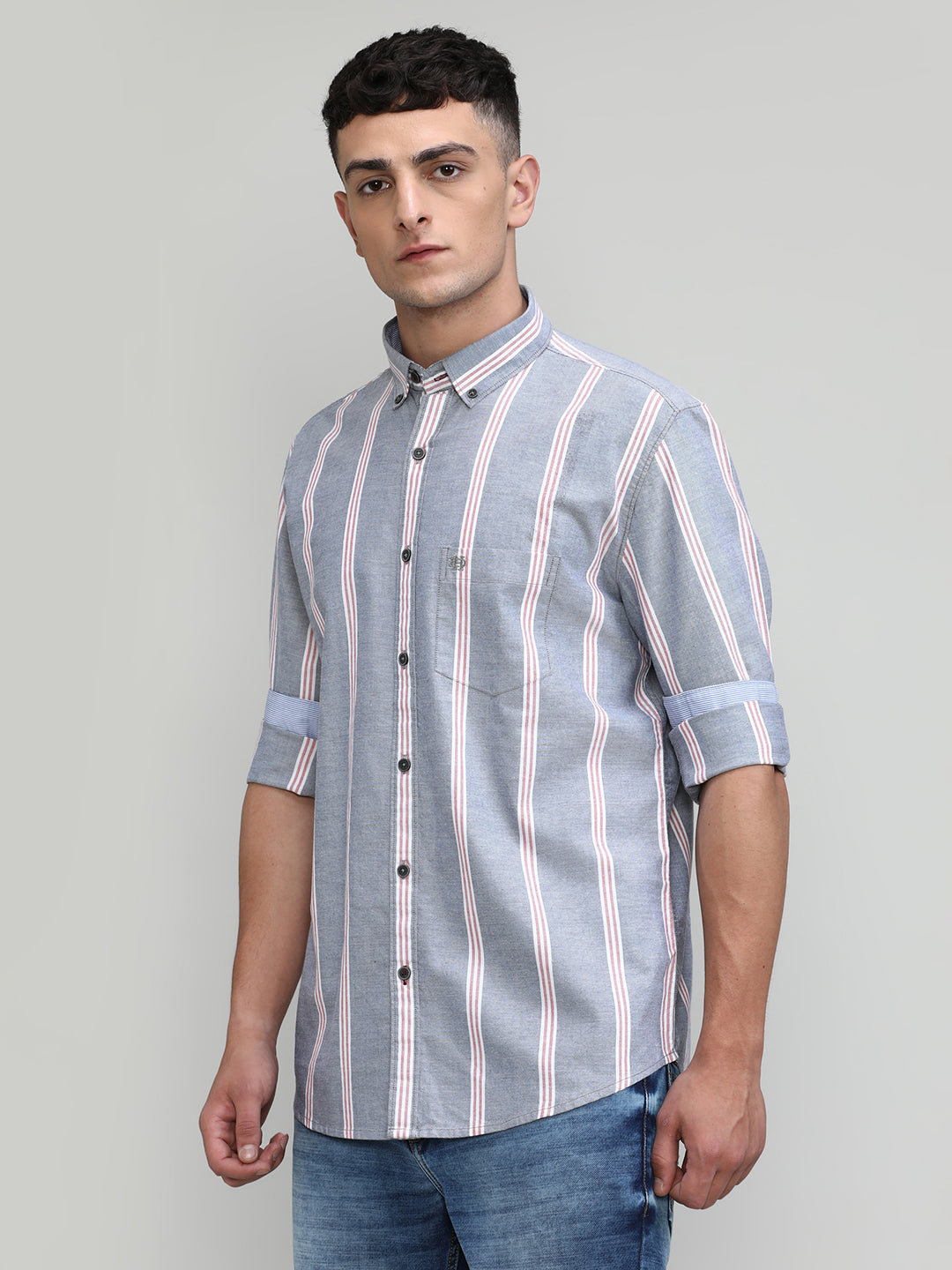 Grey Slim Fit Premium Cotton Lycra Stripe Shirt With Pocket-SS25