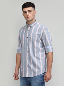 Grey Slim Fit Premium Cotton Lycra Stripe Shirt With Pocket-SS25