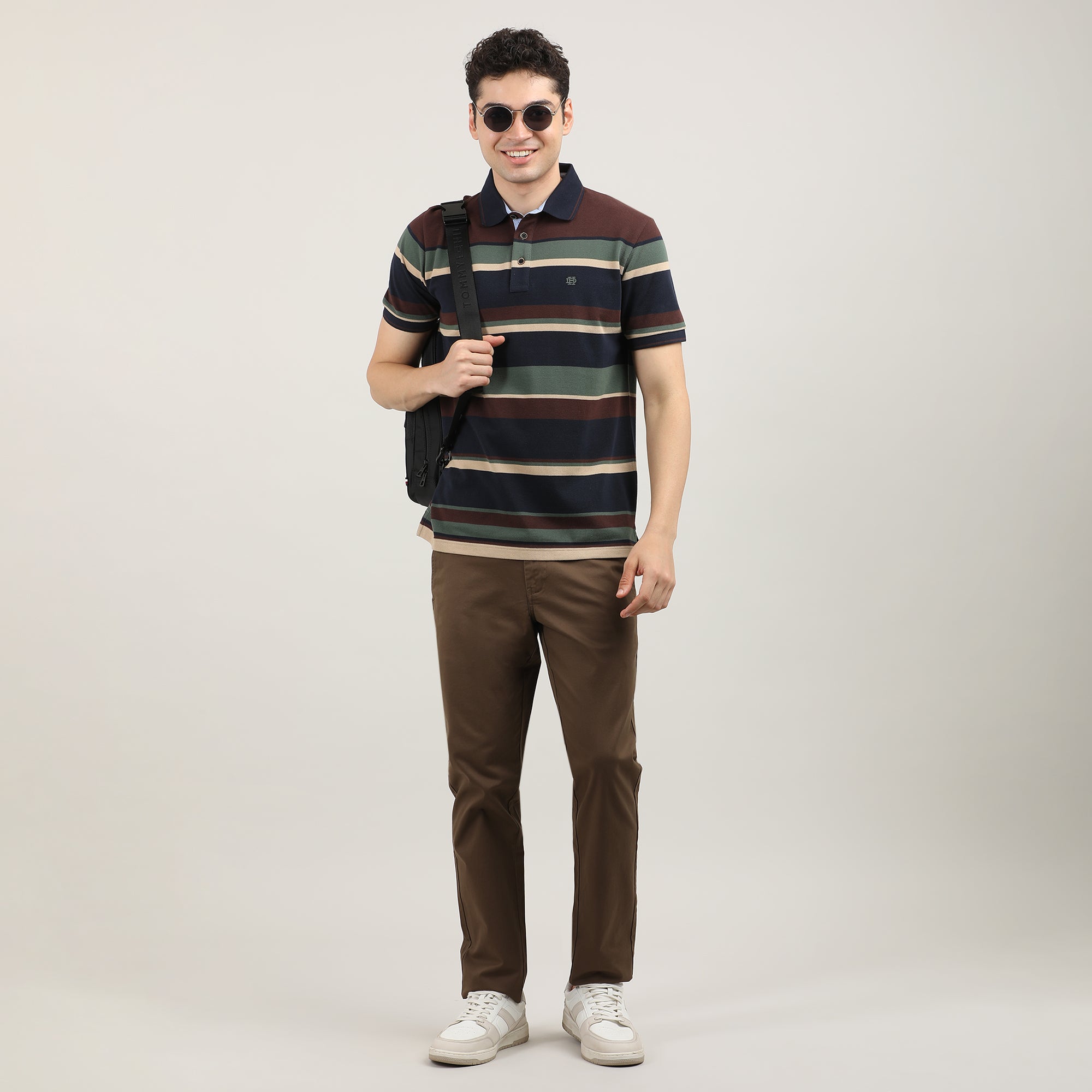 Navy Blue and Brown Pique Striped Polo T-shirt
