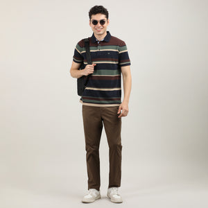 Navy Blue and Brown Pique Striped Polo T-shirt