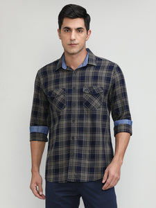 Muddy Slim Fit Premuim Cotton Checks Shirt With Bone Collar & Double Pocket